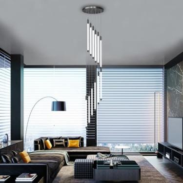 Imagem de Lustre moderno de escada grande com altura ajustável LED, luminária pendente de ferro preto, iluminação criativa de teto alto chique, adequada para hotel, villa, bar, lobby, lâmpada suspensa