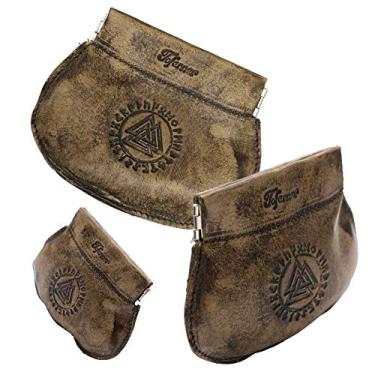 Imagem de Bolsa de moedas medieval, bolsa viking em relevo de couro legítimo, acessórios de mitologia nórdica com símbolos de Aegishjalmur e Valknut, bolsa pequena feita à mão para homens e mulheres