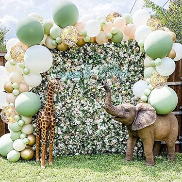 Imagem de Sweet Baby Co. – Kit de arco de guirlanda de balão verde sálvia com eucalipto, oliva, pêssego, branco, balões dourados e verduras para decoração de tema tropical, floresta, safári, selva, chá de panela, festa de aniversário