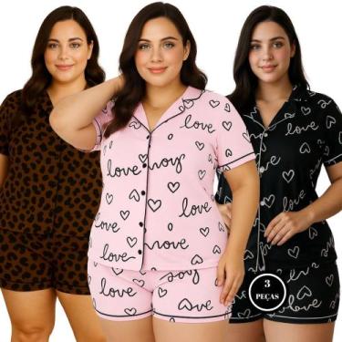 Imagem de Kit 3 Pijama Americano Estampado Plus Size - c4 KIT 3 ANASTÁCIA PRETO 