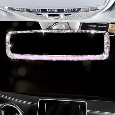 Imagem de Espelho retrovisor de carro grande angular de vidro HD de 10,7 polegadas com clipe diamante brilhante acessórios decorativos interiores panorâmicos decoração de carro para mulheres (rosa)