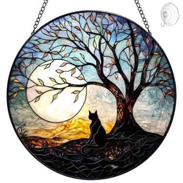 Imagem de Captador de sol para pendurar em vitrais de gato com árvore da vida - 20,32 cm para janelas - apanhadores de sol para janelas internas com ganchos e corrente - presentes de aniversário para mamãe avó
