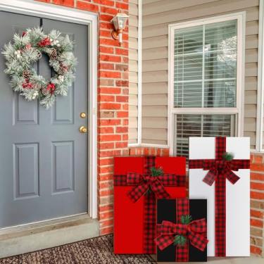 Imagem de Weysat 3 peças grande caixa de presente de madeira de Natal sinal de varanda presentes rústicos de Natal placa de boas-vindas vermelho preto branco com decorações de laço xadrez de búfalo para