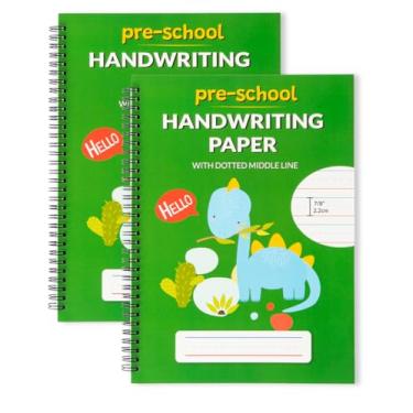 Imagem de Learning Owl Caderno de prática de caligrafia forrado A4 para crianças – Linha média pontilhada, encadernação em espiral, pré-K, jardim de infância, 100 páginas grossas (2, verde Dino)