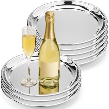 Imagem de Lounsweer 8 pacotes de bandejas decorativas redondas prateadas espelhadas de aço inoxidável de 25 cm de diâmetro, bandeja de servir de metal, bandejas redondas de aço inoxidável, acabamento espelhado