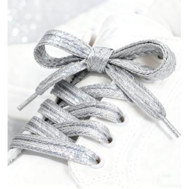 Imagem de 2 pares de cadarços metálicos brilhantes com glitter, cadarços de lantejoulas coloridas para tênis planos, sapatos de skate e botas esportivas, Prata, 160 cm