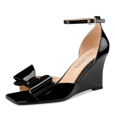 Imagem de Perisis Sandálias femininas de salto médio, salto preto, bico aberto, bico quadrado, com fivela no tornozelo, sapatos femininos elegantes clássicos para mulheres, Patente preta, 40