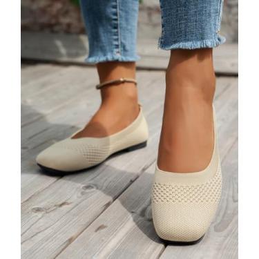 Imagem de Sapatilhas femininas de balé, de malha, bico redondo, confortável, casual, elegante, sem cadarço, sapatilha de bailarina para mulheres, Bege, 39