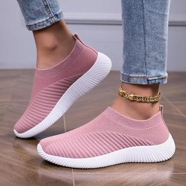 Imagem de Tênis de caminhada feminino, leve, atlético, casual, academia, sem cadarço, rosa, 36