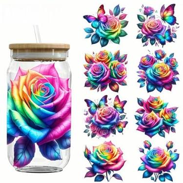 Imagem de 4 peças, arco-íris, rosa, flor, borboleta, UV, DTF, copos, transferência, adesivos, à prova d'água, para copos de vidro, móveis, artesanato, faça você mesmo, adesivos de transferência para garrafa de
