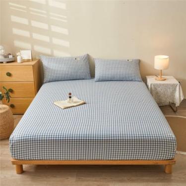 Imagem de Capa de colchão simples, xadrez, lençol de algodão, leve, respirável, protetor de colchão com bolso profundo, elástico, confortável, colcha universal, 4 estações, xadrez-3 | 150 x 200 cm (conjunto de