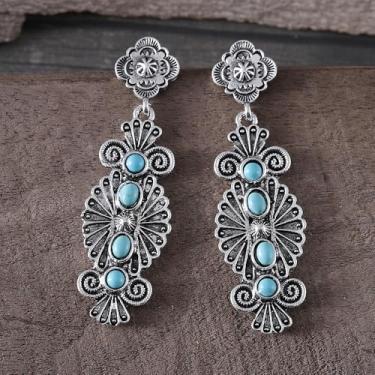 Imagem de Brinco vintage estilo étnico ocidental turquesa antigo prateado irregular esculpido brincos femininos retrô boêmios presentes para ela