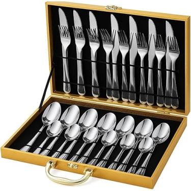 Imagem de Conjunto de Talheres Premium, 24 Peças em Aço Inoxidável com Maleta Luxuosa Dourada, Garfos e Colheres para Refeições, Jogo de Talheres Luxo para Jantar, Presentes e Decoração de Mesa