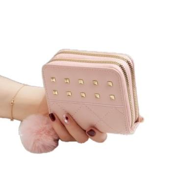 Imagem de Bolsa de cartão quadrada de couro PU macio carteira feminina clutch bola de pelúcia macia simples bolsa feminina longa bolsa externa (rosa curta)