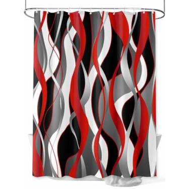 Imagem de Cortina de chuveiro listrada abstrata vermelha e preta, moderna com textura de linhas trançadas, tecido lavável à prova d'água, conjunto de cortinas de chuveiro para decoração de banheiro, 182 x 182