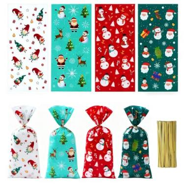 Imagem de 50 unidades de sacos de presente de celofane de Natal, Papai Noel, bolsa de presente de violoncelo, 4 estilos, sacos de biscoitos doces com laços dourados torcidos para lembrancinhas de festa de Natal