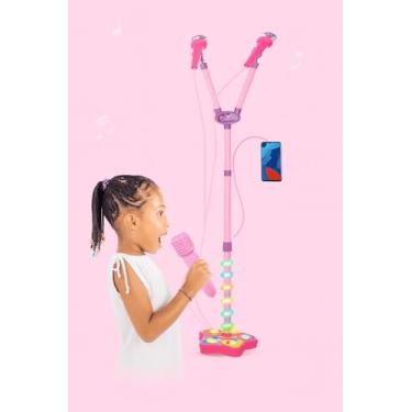 Imagem de Microfone Infantil 02 Unidades com Luzes LED, Pedestal Ajustável e Entrada para Celular