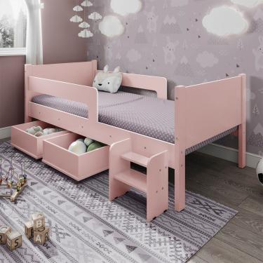 Imagem de Cama Solteiro Com 2 Baus Organizador E Escada Mdf Luna Plus Branco Com Rosa