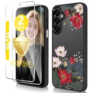 Imagem de Capa para Samsung Galaxy A15 5G com protetor de tela de vidro temperado [proteção de alta qualidade] Capa transparente de TPU fino e policarbonato rígido, design elegante e fofo com estampa floral