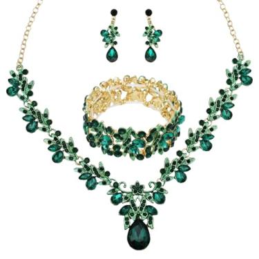 Imagem de Enrwin Colar com pingente de gota de cristal e flor de folha de casamento, brincos elásticos, conjunto de joias para mulheres, festa de casamento, formatura, Large, Cristal, Cristal