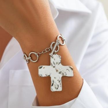 Imagem de Pulseira de cruz dourada com pingente grosso, pulseira de cruz de prata para mulheres, joias de amizade, presentes de Natal para mulheres, Medium, Latão, Sem Pedra Preciosa