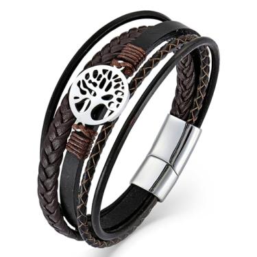 Imagem de Vesitim Pulseira masculina de couro multifios, joia trançada árvore da vida de aço inoxidável com prata/preto/dourado/cor café, 8.46in, Aço inoxidável, Sem Pedra Preciosa