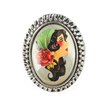 Imagem de Anel cigano - Arte flash de tatuagem vintage, pulseira ajustável de prata ou bronze antigo, bijuteria oval artesanal - 269, Adjustable, Metal, Sem pedra preciosa