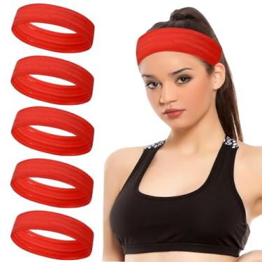 Imagem de Bandanas esportivas vermelhas para mulheres, antiderrapantes, 5 peças, faixas de cabelo para treino, absorção de umidade, faixa de cabelo atlética elástica respirável para exercícios físicos, academia