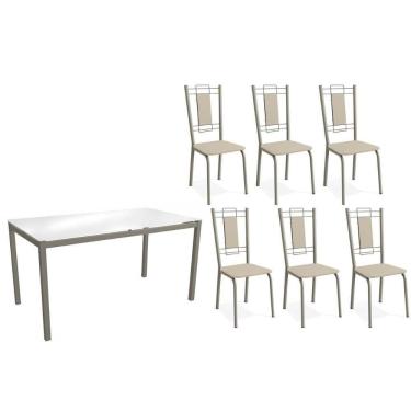 Imagem de Conjunto: Mesa Sala Jantar Reno C- Tampo De Vidro 150cm E 4 Cadeiras Florença Niquel - Courano Bege - Kappesberg