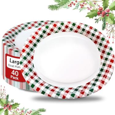 Imagem de VEIZEDD 40 peças de pratos de papel ovais de Natal – 25,4 cm x 31,8 cm grandes pratos descartáveis de jantar xadrez vermelho e verde para piquenique de Natal