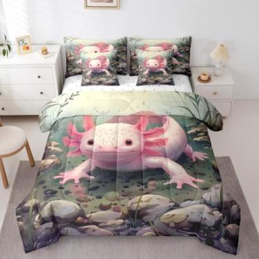 Imagem de Erosebridal Lindo conjunto de edredom solteiro Axolotl com lençóis, estampa de animais selvagens de tritão, 7 peças, jardim botânico, planta, folhas, cama em um saco, réptil anfíbio vida marinha