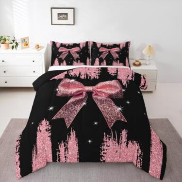 Imagem de Conjunto de edredom kawaii, com lantejoulas; conjunto de edredom solteiro com nó de laço; lindo laço de fita, céu estrelado, estilo princesa, sonhador, para decoração de quarto kawaii, rosa claro