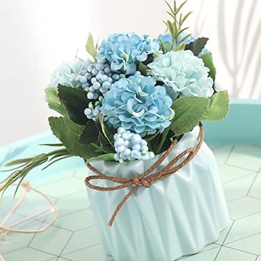 Imagem de GOWENIC Decoração de Flores Em Vaso de Hortênsia de Seda Flores Completas Trazem Calor para Sua Casa Bacia de Cerâmica Decoração de Mesa de Jantar (Azul)