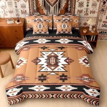 Imagem de Erosebridal Conjunto de edredom tamanho King ocidental com lençóis | Conjunto de cama geométrico de 7 peças boêmio asteca em uma bolsa, decoração de quarto de flecha tribal étnica, marrom