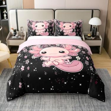 Imagem de Erosebridal 100% algodão rosa Axolotl capa de edredom tamanho casal romântico flor de cerejeira conjunto de cama kawaii para crianças, meninas, adolescentes, conjunto de cama com desenho animado