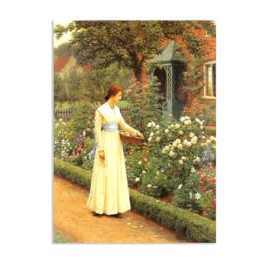 Imagem de Edmund Leighton impressão em tela rosas de verão por reproduções de pinturas famosas Edmund Leighton pôster arte de parede para sala de estar quarto decoração de parede 100 x 70 cm (83.8x71.1 cm) sem