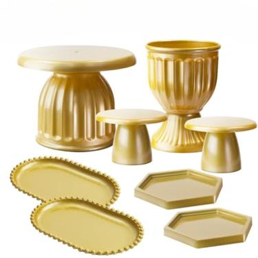 Imagem de Kit Boleira Festa E Bandeja, Kit Moderno Boleira Romana 17cm, 1 Vaso Romano, 2 Mini Slim, 2 Bandeja Perola Oval, 2 Mini Sextavadas(Dourado)