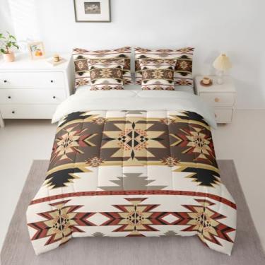 Imagem de jejeloiu Conjunto de edredom asteca do sudoeste ocidental com 7 peças, Queen, retrô, boêmio, para crianças, meninos, meninas, tribal, em uma bolsa, marrom e vermelho, decoração de quarto de microfibra
