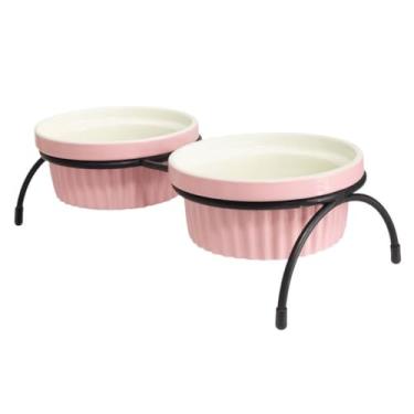 Imagem de Comedouro e Bebedouro Duplo para Gatos e Cães com Tigela de Cerâmica 350ml | Design Elegante e Funcional para Pets(Rosa)