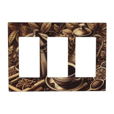 Imagem de LuHuoLu Capas de tomada decorativas vintage grãos de café xícara de folha 3 gangues placa de parede triplo interruptor de luz placa de cobertura jumbo elétrica GFCI placa frontal para cozinha