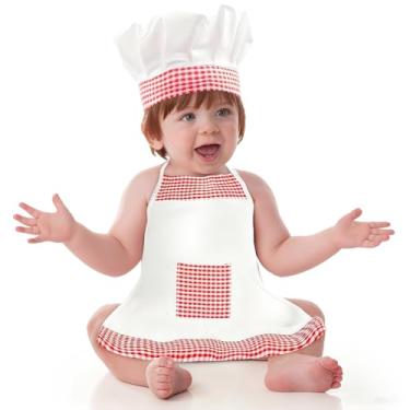 Imagem de ElevateTech Roupas de chefe de bebê, 2 peças de fantasia de chef de bebê fofa, adereços para sessão de fotos, vermelho e branco, chapéu de chef e avental de cadarço para roupas de chef de 8 a 24 meses