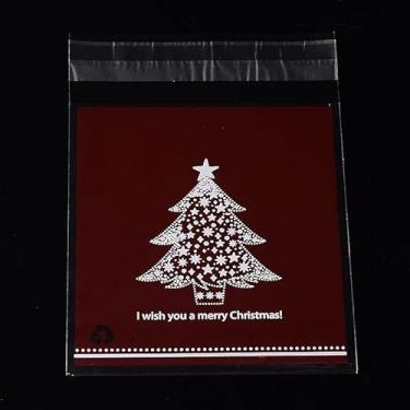 Imagem de 95 peças de saco de celofane de Natal 14 x 10 cm vermelho escuro padrão de árvore de Natal embalagem de armazenamento de presente saco autoadesivo suprimentos de natal lembrancinhas de festa