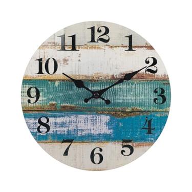 Imagem de Horizent Relógios de parede operados por bateria, rústico, litoral, interior, exterior, impermeável, relógio de parede de vidro para banheiro, piscina, pátio (20 cm)