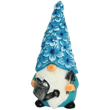 Imagem de LUMINFLY Chapéu de flor azul gnomo de resina estatueta, decoração de jardim pintada à mão, pá e regador, ornamento ideal para ambientes externos internos, presente perfeito para amantes do jardim