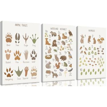 Imagem de Arte de parede em tela Animal Tracks Woodland Animals ABC Decoração de parede números do alfabeto pôsteres educativos impressões imagens de berçário crianças aprendendo pinturas arte para sala de aula