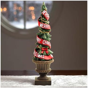 Imagem de Estatueta de árvore de Natal de resina – decoração de mesa de 28,4 cm de altura com fita vermelha "Feliz Natal", decoração vintage de mesa ou prateleira para casa e escritório