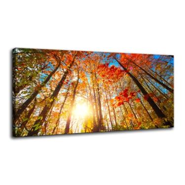 Imagem de VVJSZHJ Arte de parede grande paisagem de outono floresta em cores quentes vibrantes sol brilhando através de folhas árvores imagens paisagem arte (árvore, 50,8 x 101,6 cm, tela embrulhada)