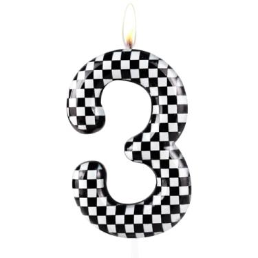Imagem de Velas de aniversário xadrez pretas e brancas, bandeira quadriculada, número de tema de corrida, decoração de bolo de aniversário, decoração de festa para entusiastas de carros, velas de bolo de 3º