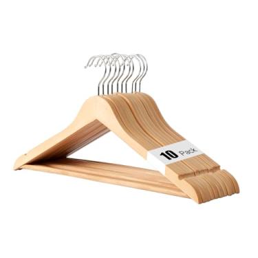 Imagem de Hapmira Cabides de madeira premium, pacote com 10, cabides de madeira maciça natural com hastes para calças e entalhes nos ombros, economia de espaço para ternos, camisas, jaquetas, vestidos e calças