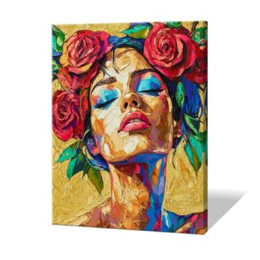 Imagem de Arte de parede moderna de 30,5 x 40,6 cm, emoldurada, para sala de estar, quarto, banheiro, escritório, decoração de casa, mulher com grinalda de rosas vermelhas, fotos em tela
